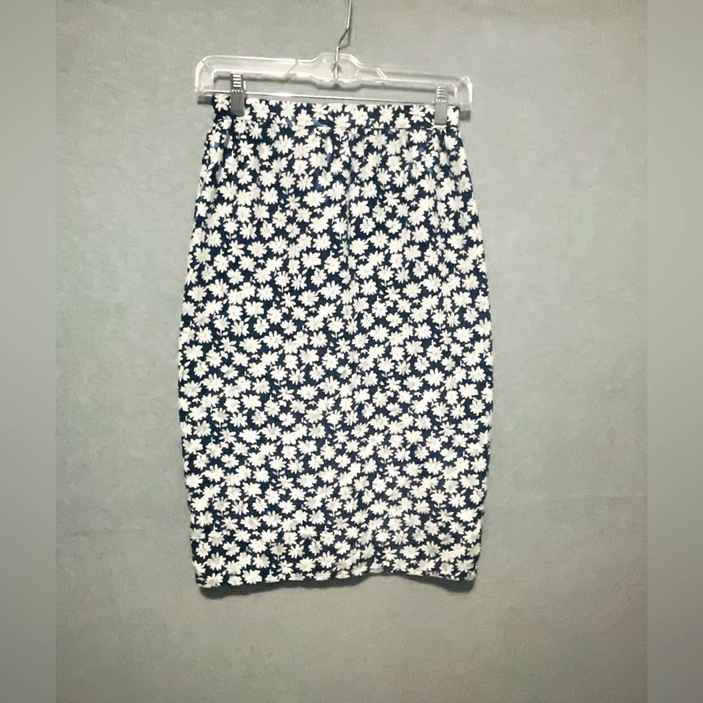 Blue White Daisy Floral Pencil Skirt Medium High Waisted Bodycon Midi 90s Style